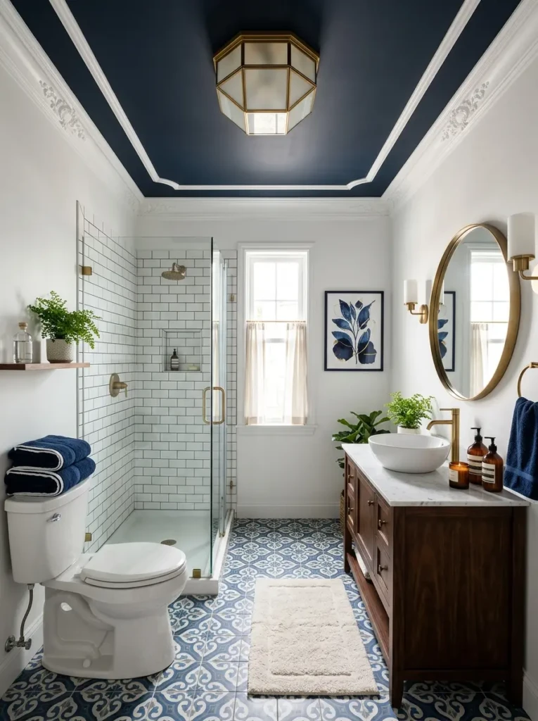 Bathroom with white walls, navy painted ceiling, crown molding, patterned floor tile, and statement light.