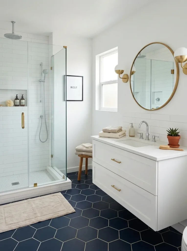 White bathroom with dark navy hexagon floor tiles, simple vanity, glass shower, and neutral towels.