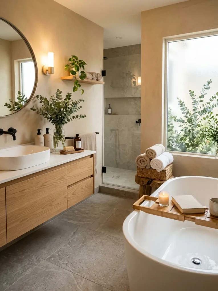 Serene spa bathroom with neutral tones, bamboo tray, rolled towels, eucalyptus, ceramic accessories, and soft warm lighting.