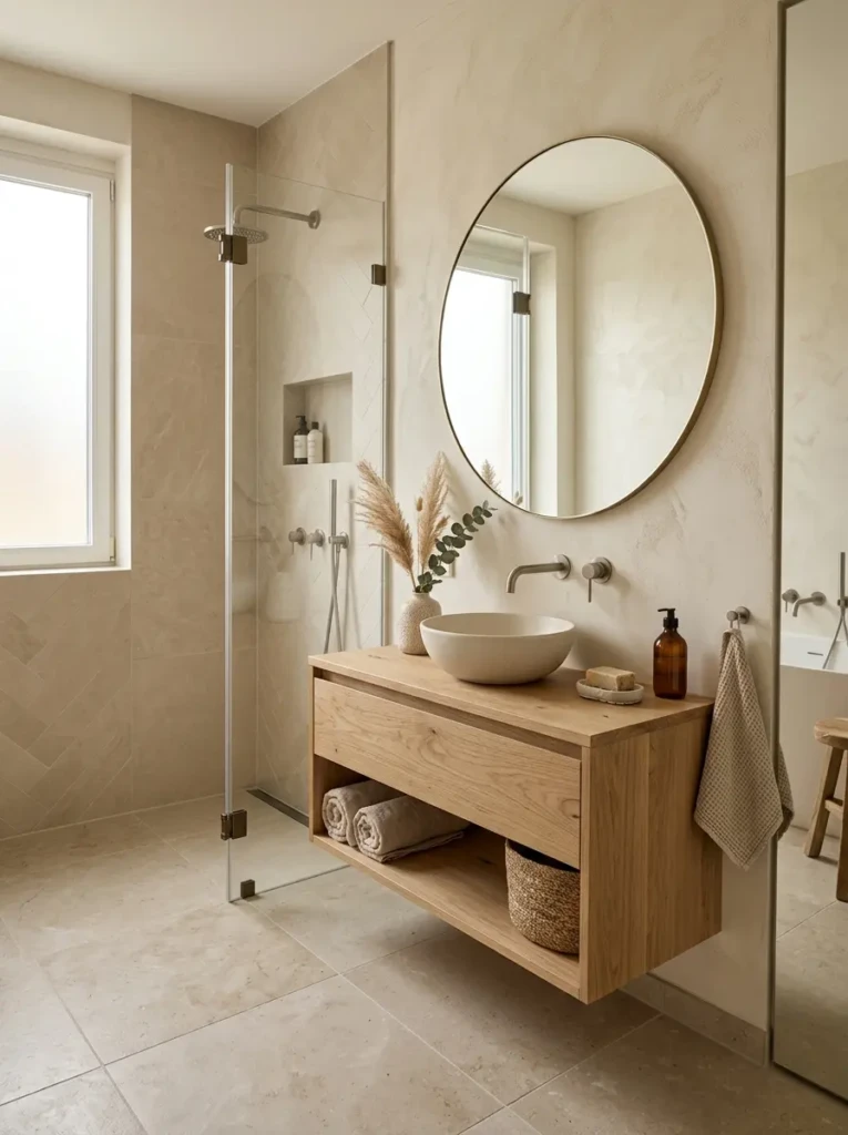 Warm minimalist bathroom with matte finishes, oak vanity, and layered beige and white decor.