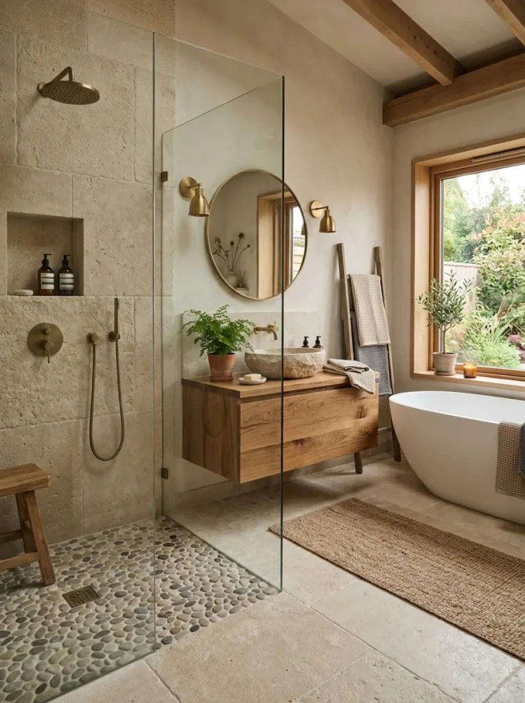 Bathroom with pebble flooring, beige stone textures, and natural wood accents
