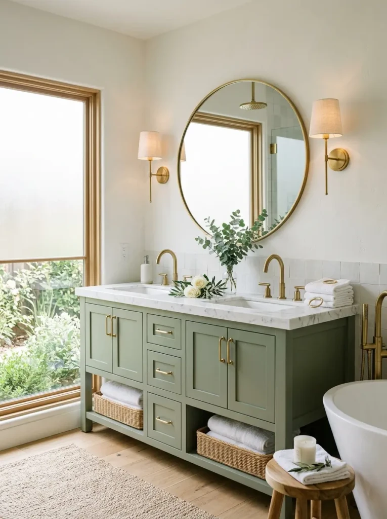 Sage green double vanity with white countertops, brass accents, and a calm spa-like bathroom atmosphere.