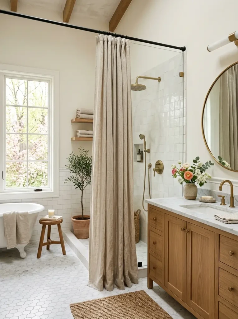 Airy bathroom with textured linen shower curtain and cozy modern spring styling.