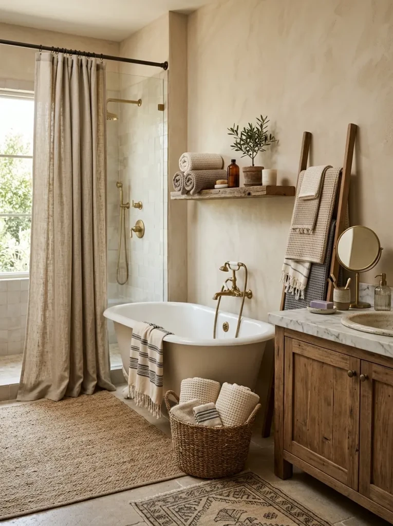 Neutral bathroom with waffle towels, linen shower curtain, and soft layered textures