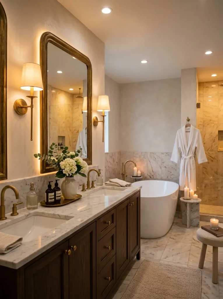 Elegant bathroom featuring warm-toned lighting and luxurious evening ambiance.