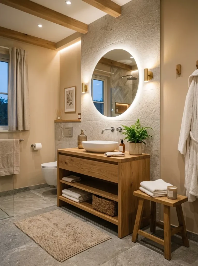 A modern bathroom with warm wood elements like a vanity and stool, adding a cozy and inviting touch to the space.