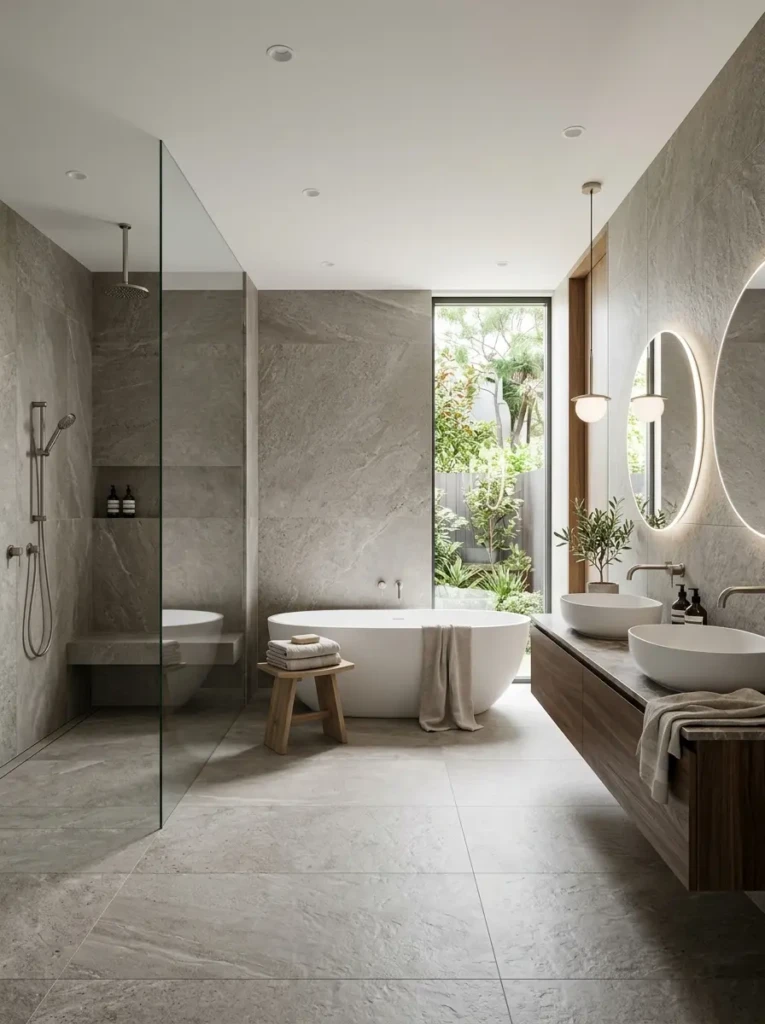 Elegant bathroom wrapped in textured porcelain slabs with airy spa-inspired atmosphere.
