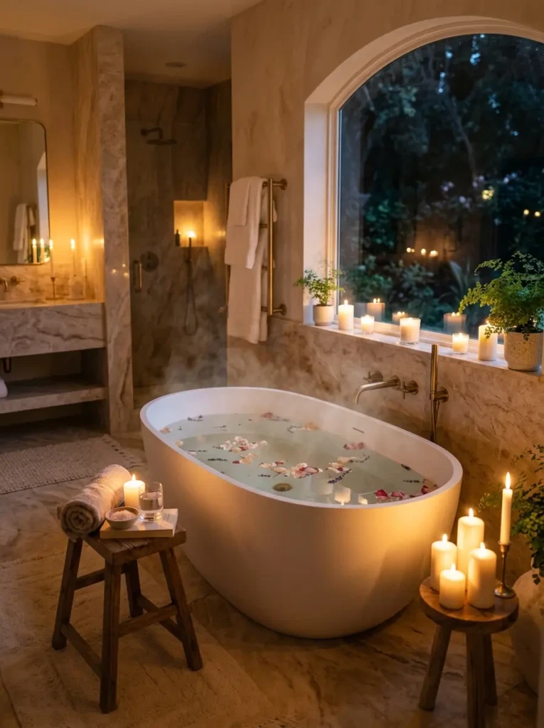 Luxury bathroom with glowing sconces, pendant lights, and cozy ambient lighting