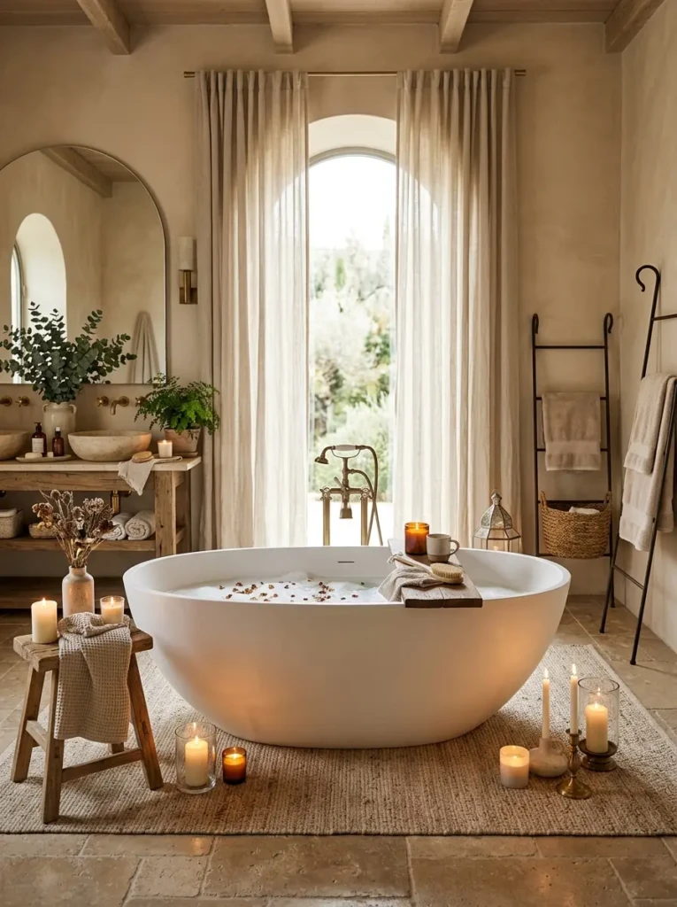 Cozy luxury bathroom with sculptural freestanding tub, candles, and soft neutral decor