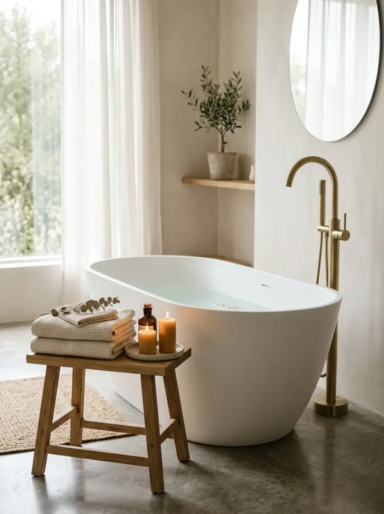 Elegant minimalist bathtub setup with candles, wooden stool, and folded spa towels.