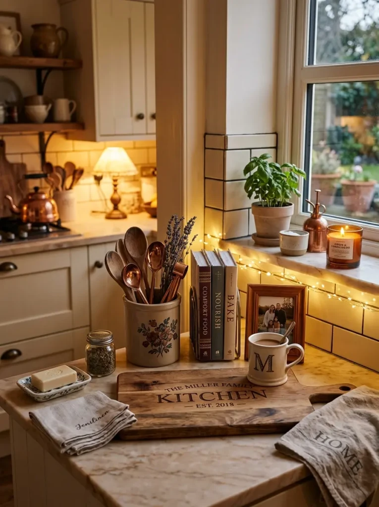 Beautiful kitchen countertop decor with timeless styling and warm ambient lighting