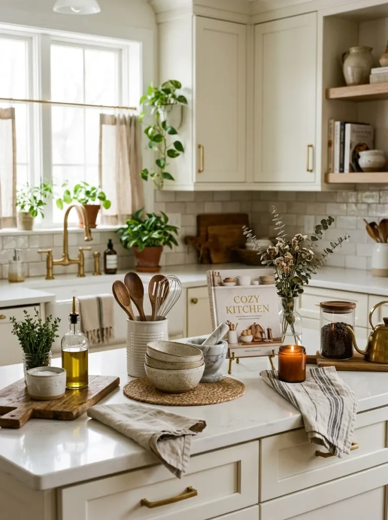 Beautifully decorated kitchen countertop with layered textures and cozy neutral tones
