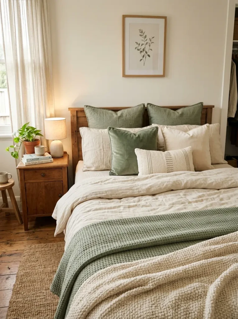 Cozy bedroom with linen bedding, velvet cushions, and textured blankets in soft earthy tones.