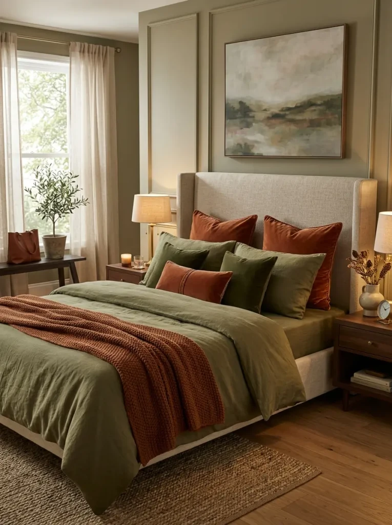 Stylish bedroom featuring soft linen bedding paired with rich velvet accent pillows