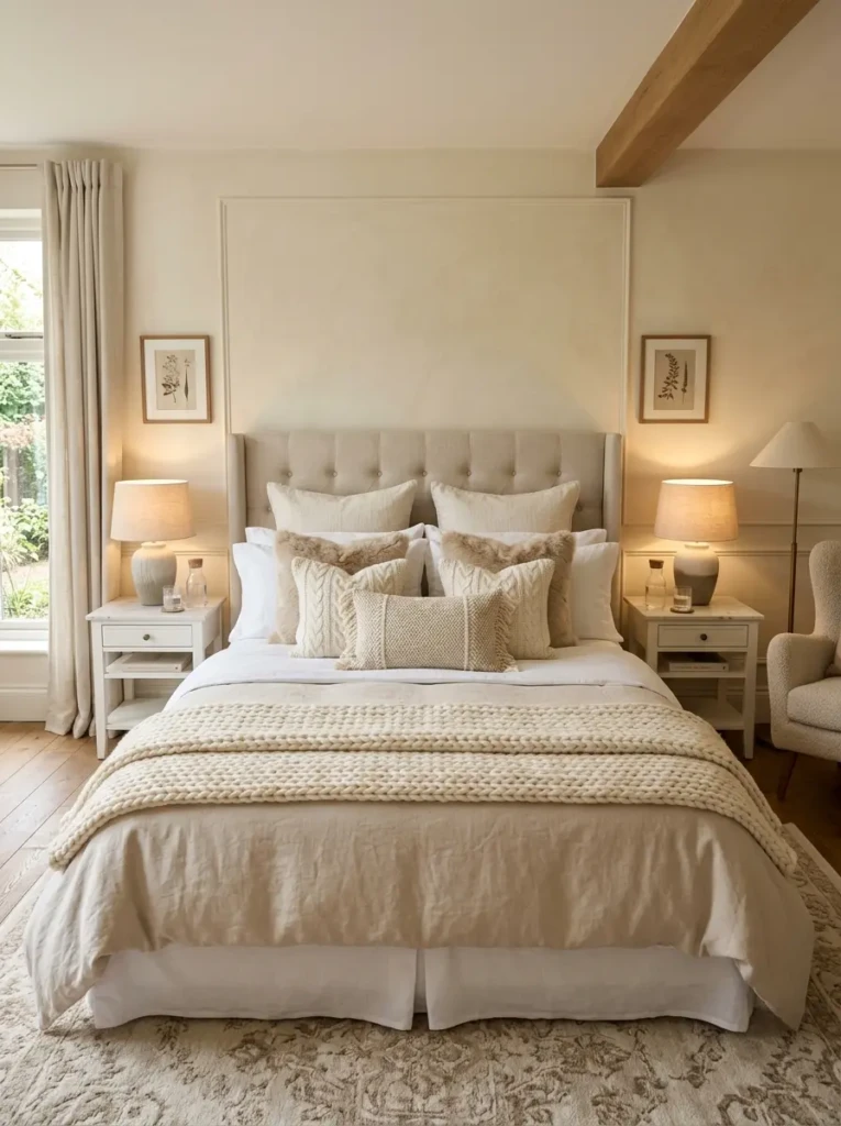 Cozy bedroom featuring textured pillows, knit throw, and soft warm lighting