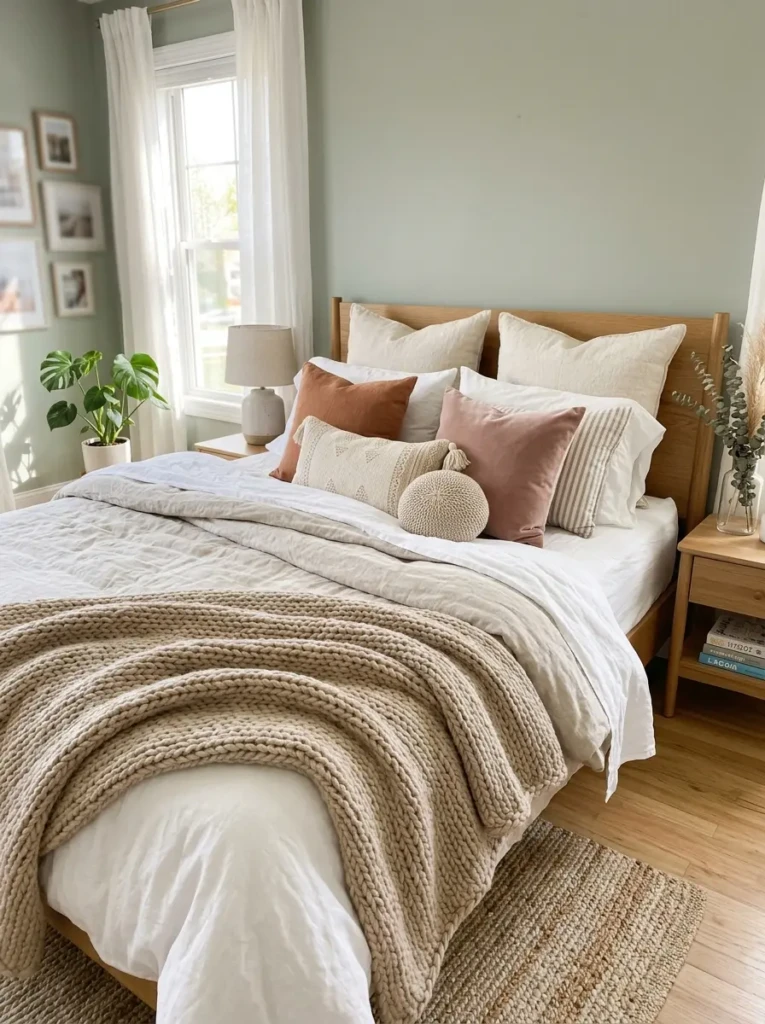 A softly styled bed with textured throws and elegant accent pillows.