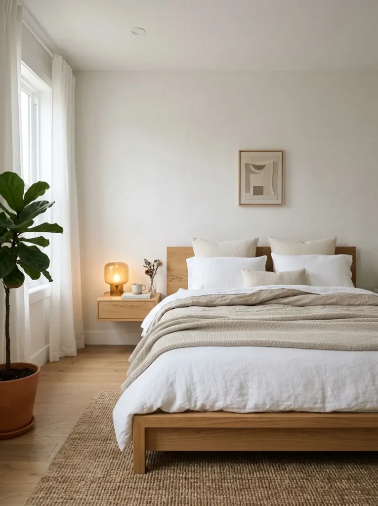 Clean bedroom design with a low wooden bed frame and layered neutral linens