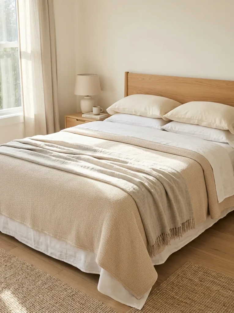 Neatly arranged bed with thin throw blanket and light fabrics in soft neutral tones