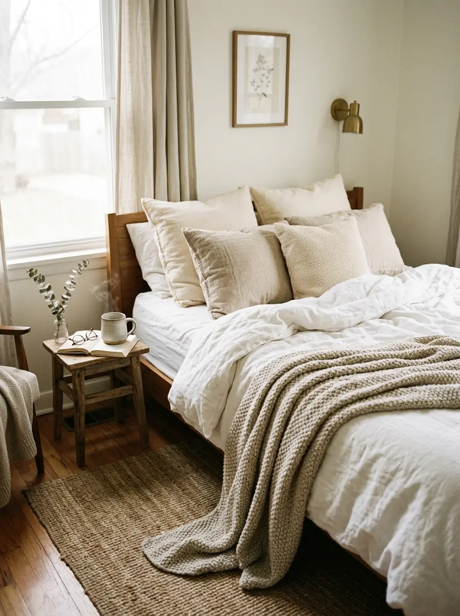 Cozy rumpled bed with white bedding, chunky throw, neutral pillows, bedside mug, book, and soft morning light.