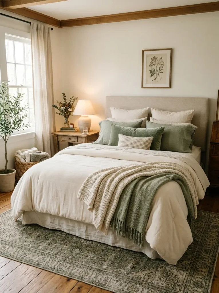 Cozy bedroom with linen sheets, textured blankets, cream bedding, and warm natural lighting.