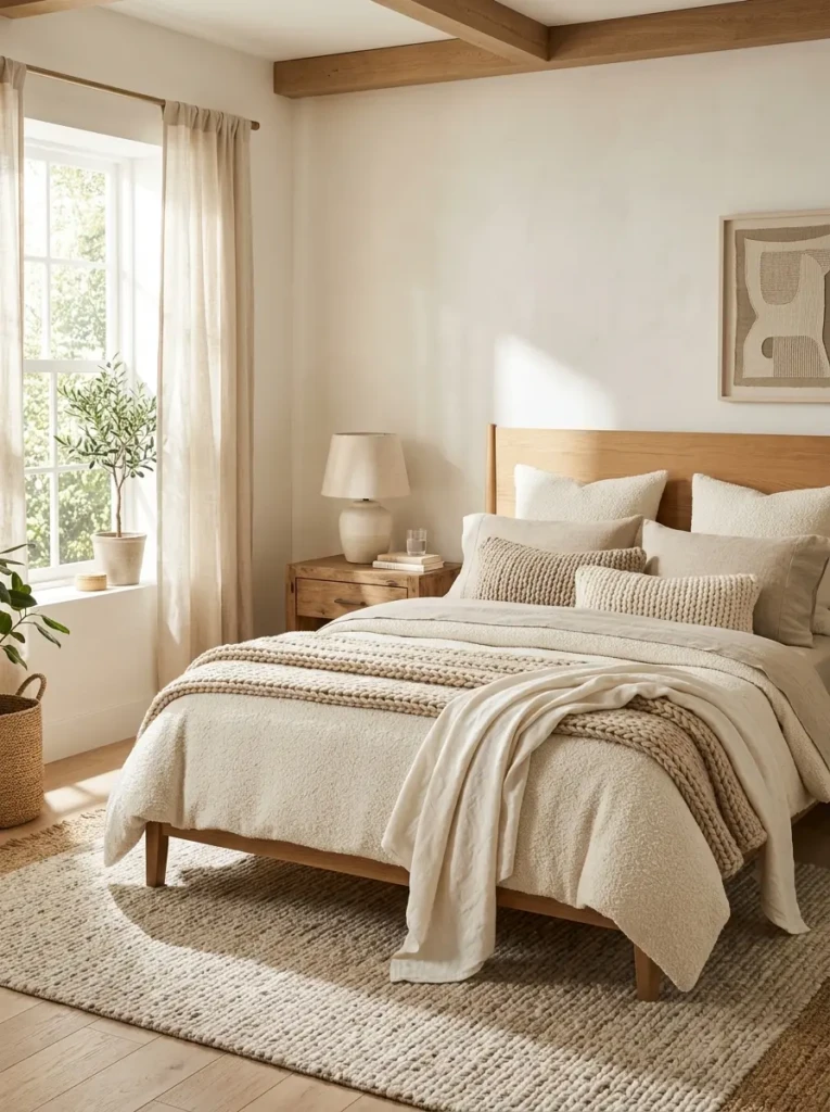 Cozy neutral bedroom featuring layered linen, boucle, and chunky knit textures in beige and ivory tones
