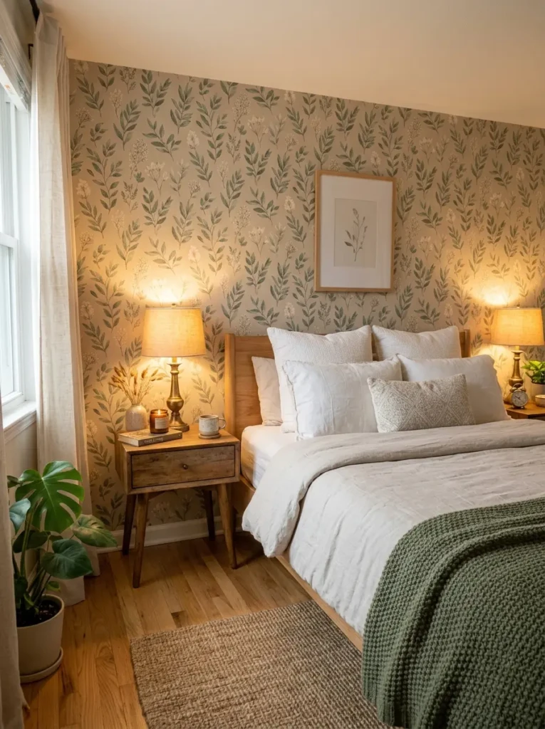 Bedroom with soft botanical peel-and-stick wallpaper behind the bed and warm neutral decor.