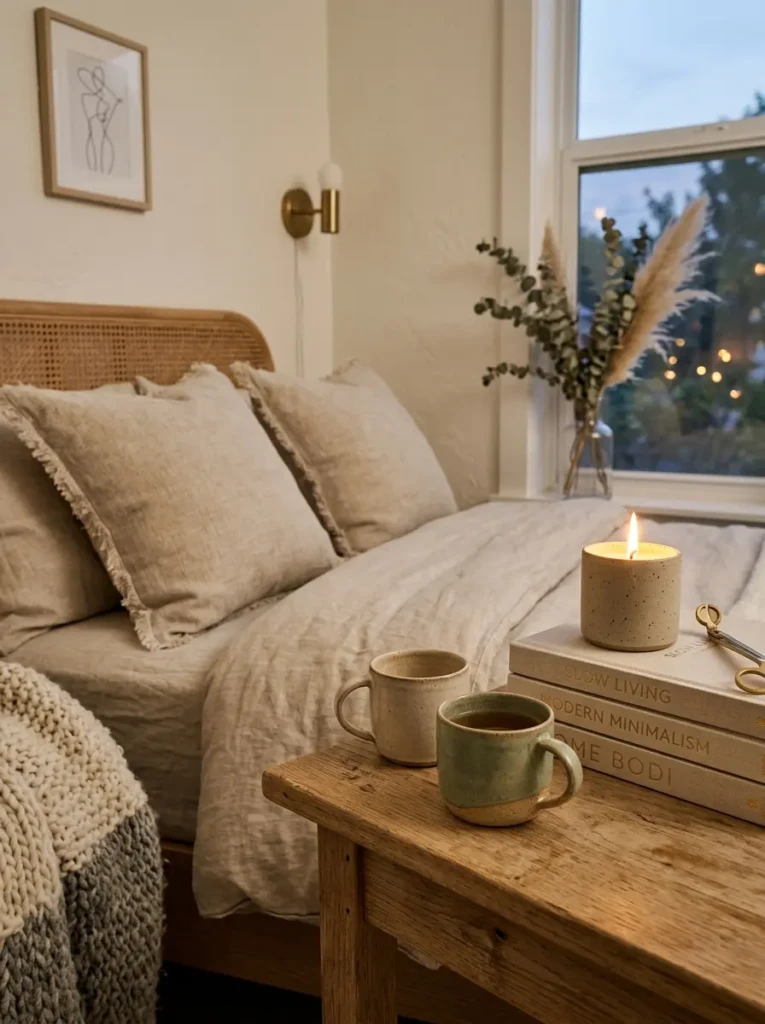 Stylish bedroom accessories including ceramic mugs, linen pillow covers, and candlelight decor.