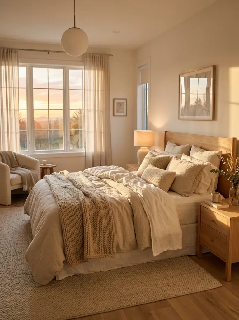 Peaceful bedroom with soft linen bedding glowing in warm sunrise light and cozy layered textures