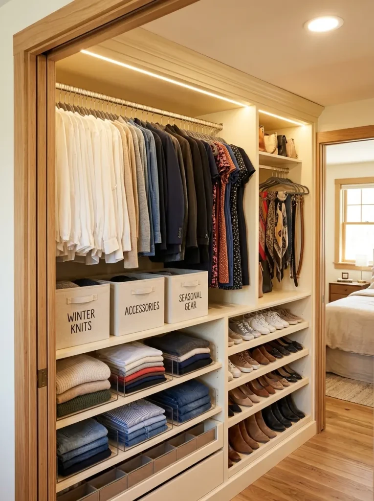 Organized bedroom closet with matching hangers, labeled bins, shoe rack, and grouped clothing.