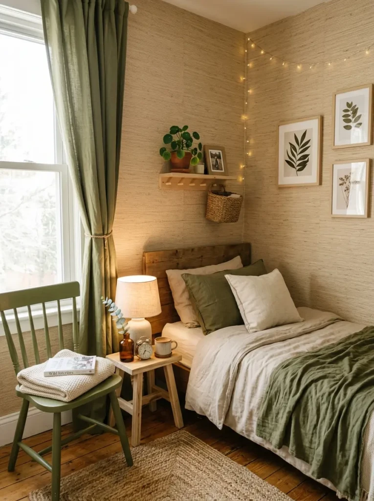 Bedroom corner with textured beige wallpaper, olive accents, and affordable cozy styling ideas.