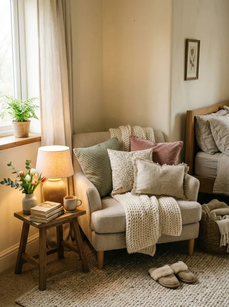 Cozy spring bedroom nook with textured cushions and warm lighting