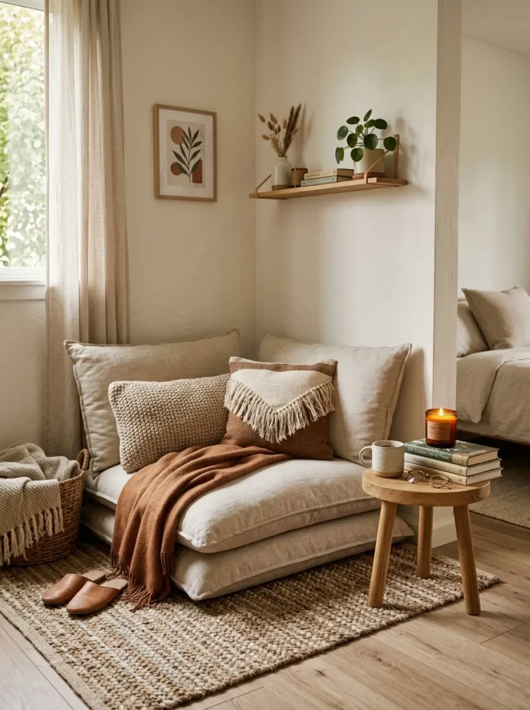 Minimal bedroom corner with cushions, candles, side table, and inviting cozy decor.