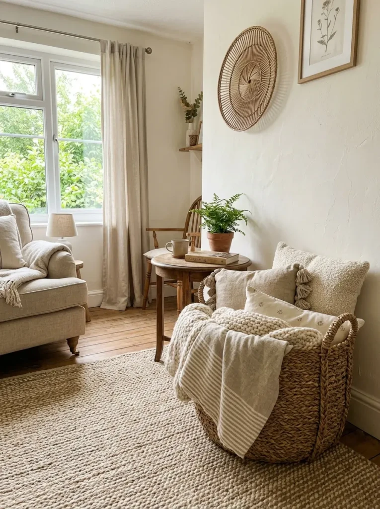 Oversized woven basket filled with blankets and pillows in a warm bedroom corner.