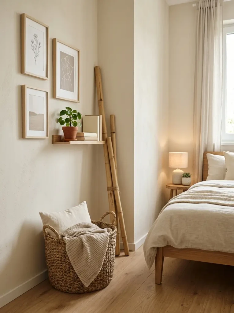 Minimal bedroom corner with woven baskets, bamboo decor, and warm neutral tones