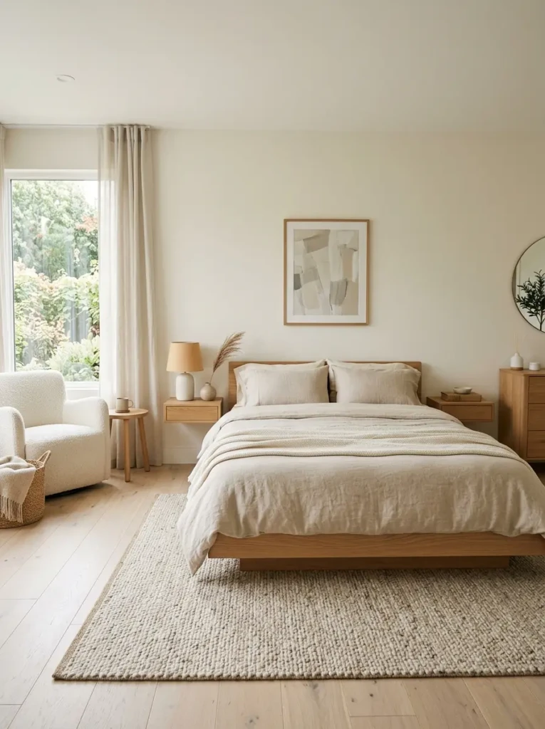 Organized bedroom with simple decor, soft textures, and a balanced neutral color palette