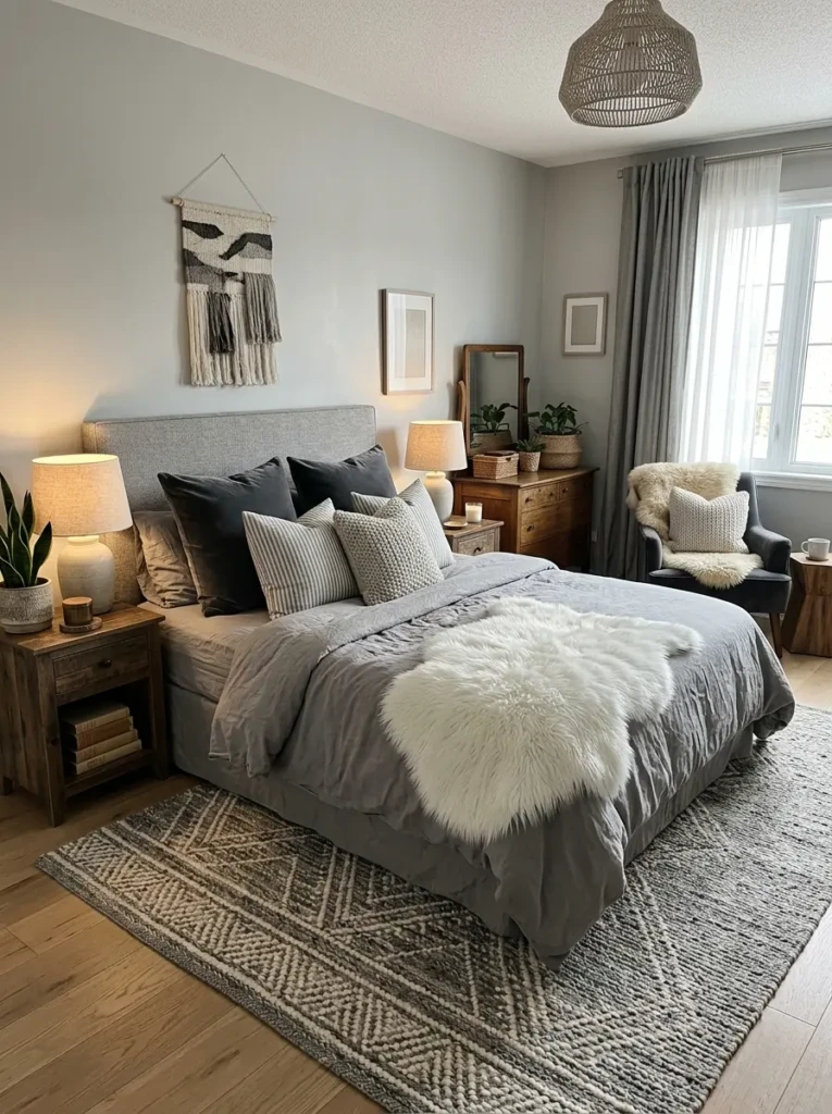 Bedroom featuring layered textures like linen velvet and faux fur in grey and white tones adding depth and warmth