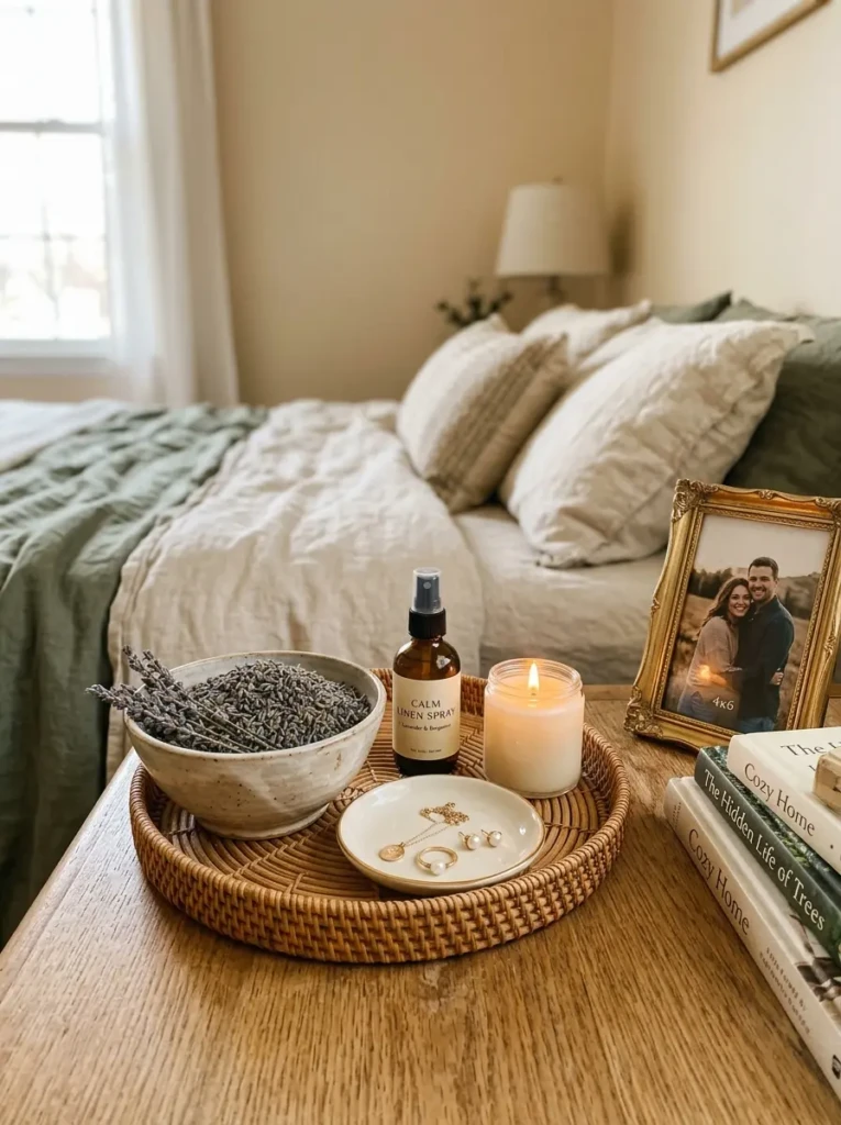 Close-up of candle, linen spray, dried lavender, jewelry dish, framed photo, and decorative tray.