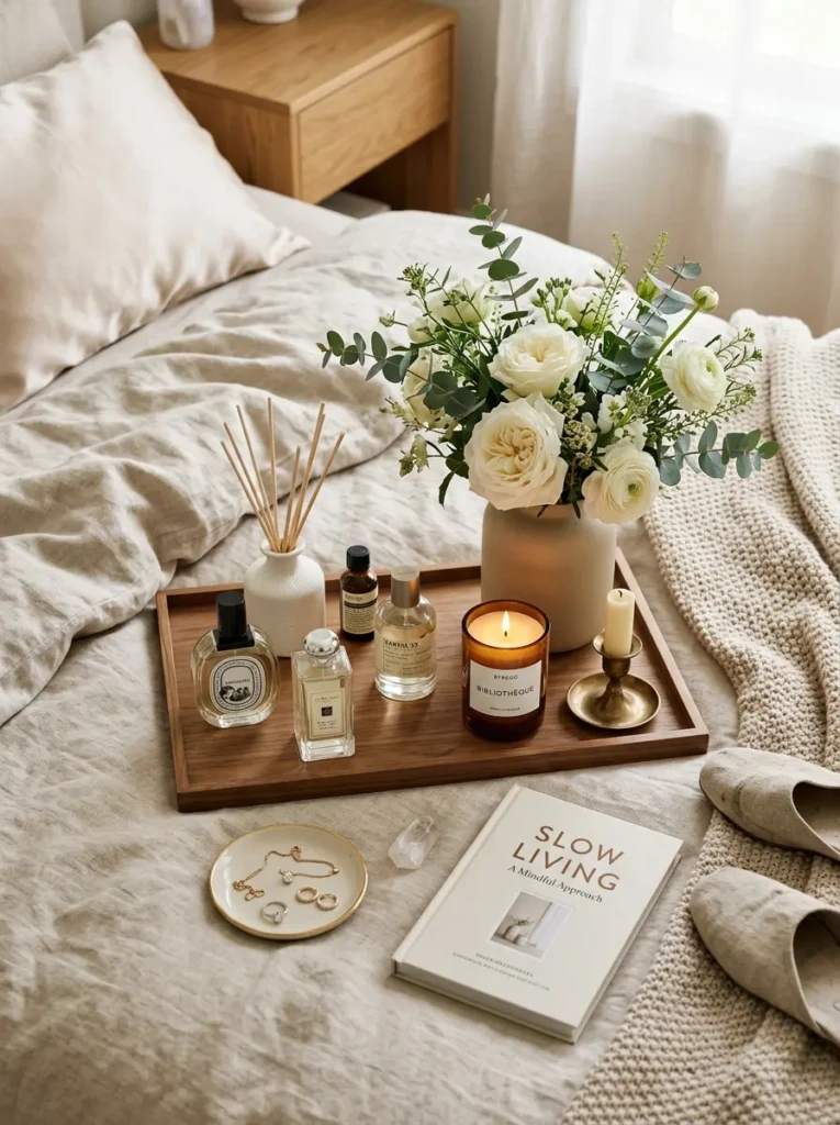 Flat lay of candles, perfume bottles, and diffusers in elegant neutral decor