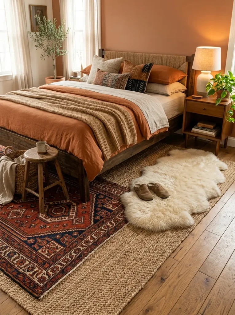 A stylish bedroom featuring jute rugs and faux fur rug accents.