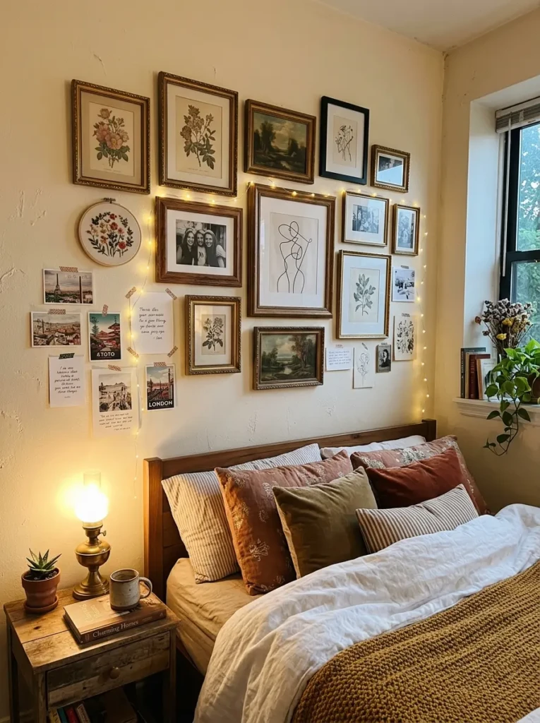 Cozy bedroom gallery wall with art prints, vintage frames, and warm lighting