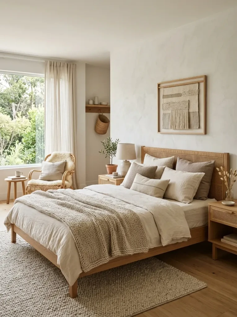 Interior with cotton, wool, and rattan textures combined in a minimal and calming bedroom design