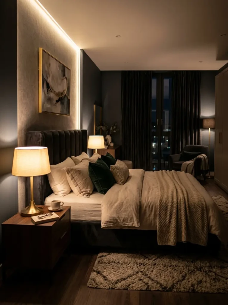 Elegant bedroom with soft glowing lamps and layered warm lighting design