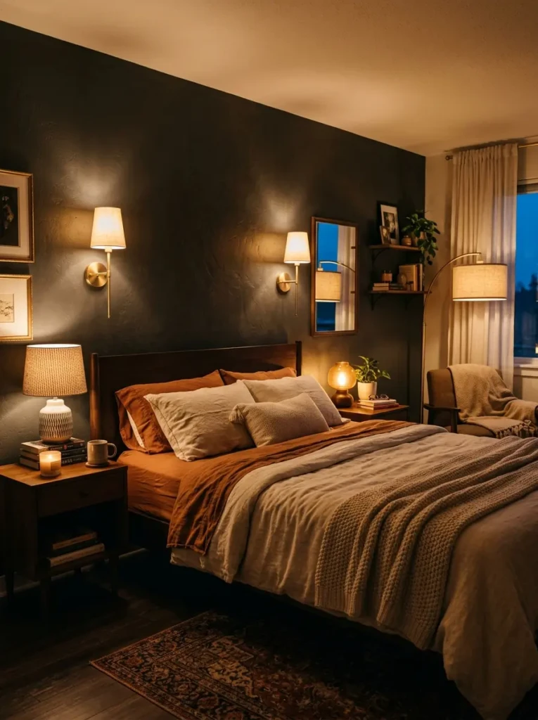 Warm-toned bedroom with layered lighting and relaxing nighttime atmosphere