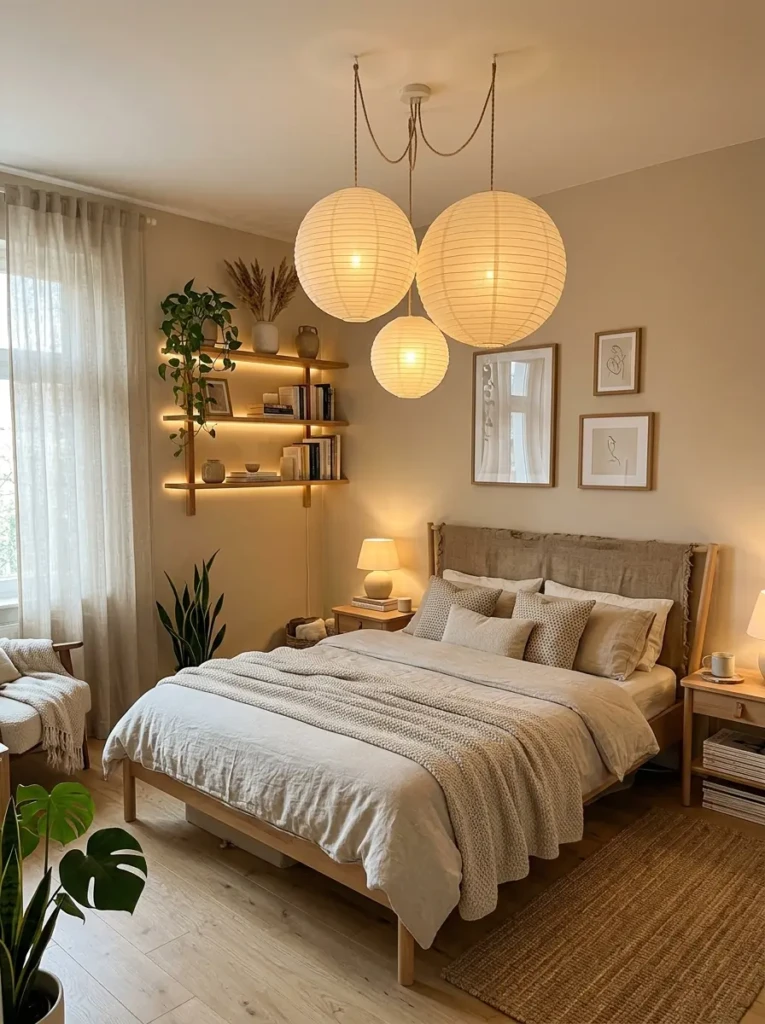 Budget-friendly bedroom lighting setup with paper lanterns, LED shelf lights, and warm neutral decor.