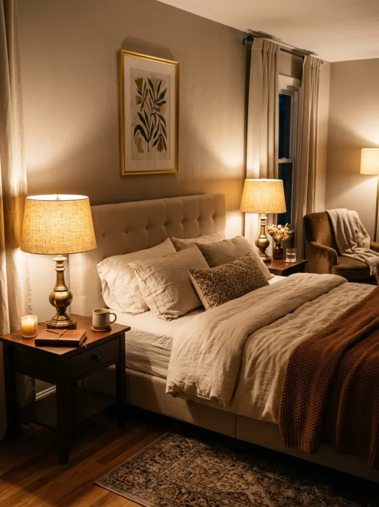 A cozy bedroom with soft glowing table lamps, warm lighting, and inviting neutral decor.