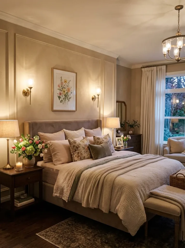 Romantic spring bedroom with layered lighting and soft glowing ambiance