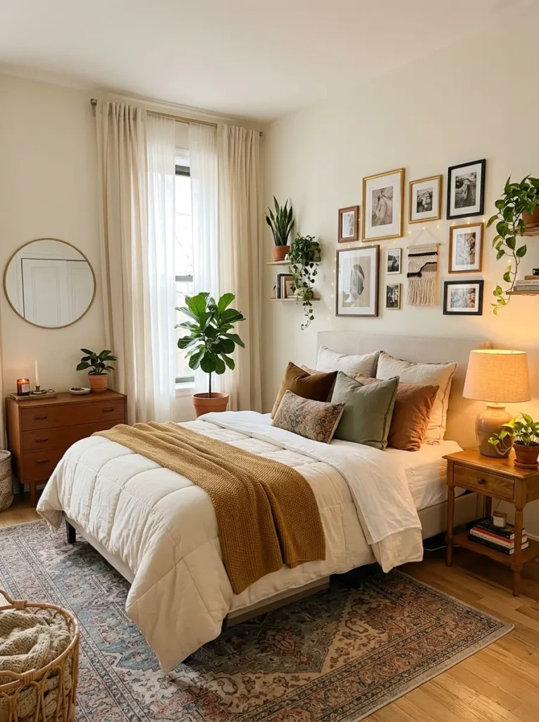 Completed cozy bedroom makeover with layered bedding, warm lighting, plants, rug, mirror, and gallery wall.