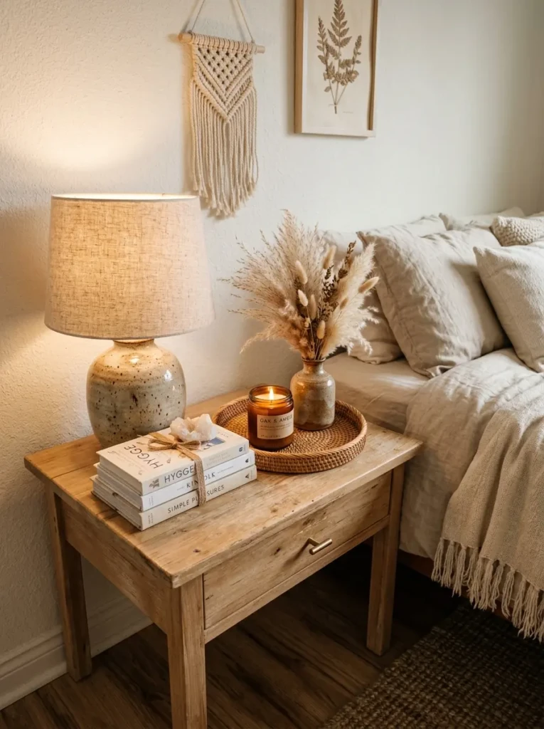 Boho nightstand with a ceramic lamp, stacked books, candle, dried pampas grass, decorative tray, and soft bedding.