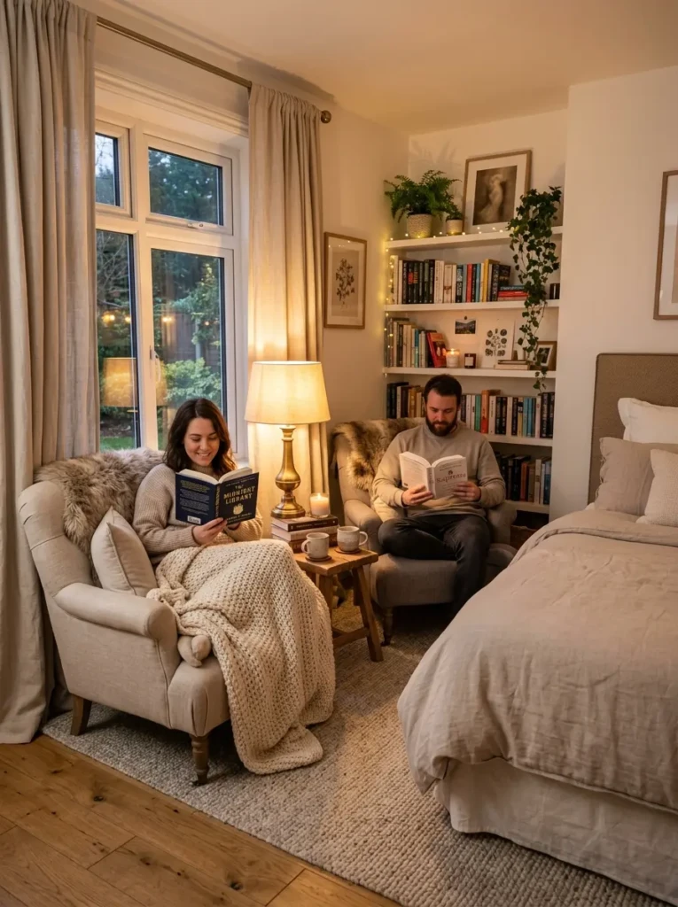 Romantic bedroom reading nook with accent chair, warm lamp, and soft blanket