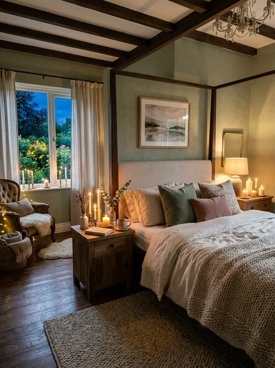 Cozy bedroom featuring candles, textured bedding, warm wood furniture, and calming tones